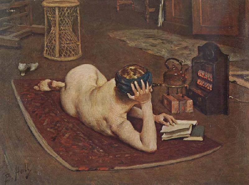 Bernard Hall Nude Reading at studio fire oil painting picture